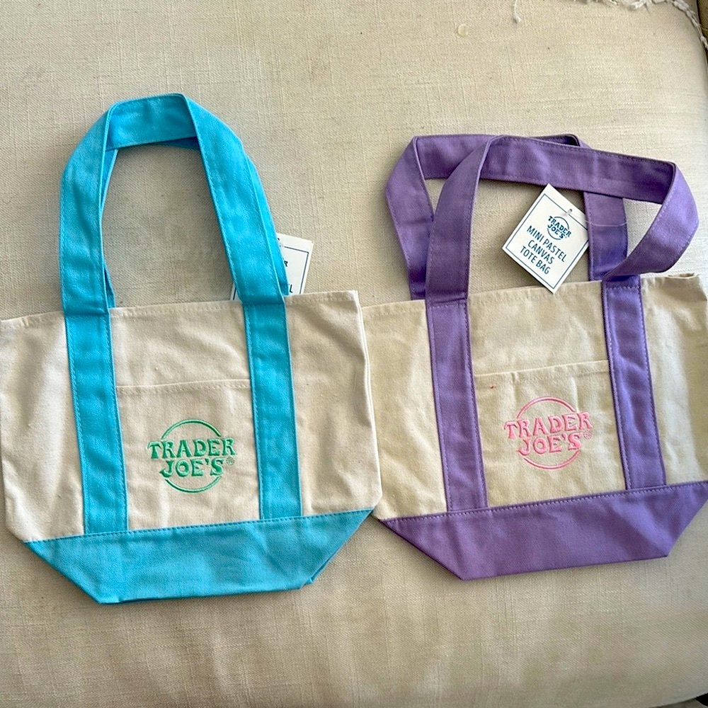 2 Limited Edition Totes! Vibrant Blue and Purple Canvas Trader Joes Bags mini